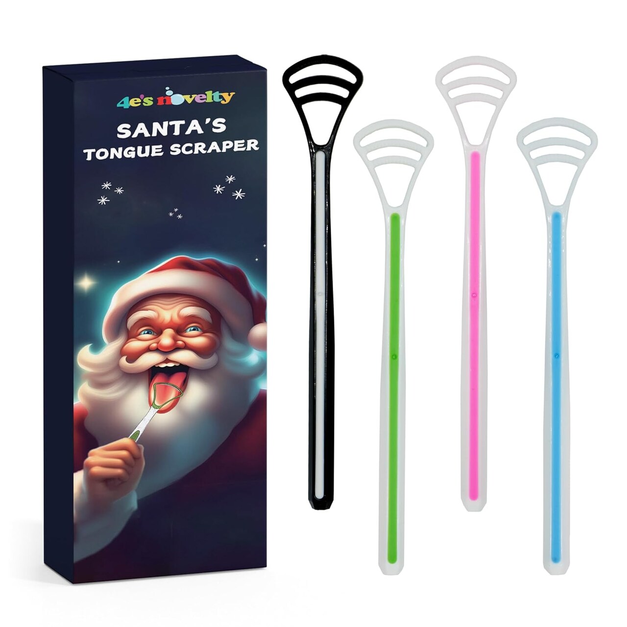 4E's Novelty Santa Tongue Scraper Set, 4 Pack Funny Christmas Stocking Stuffers, Holiday Gag Gift for Men Women Kids Teens, Colorful Tongue Cleaners with Festive Gift Box